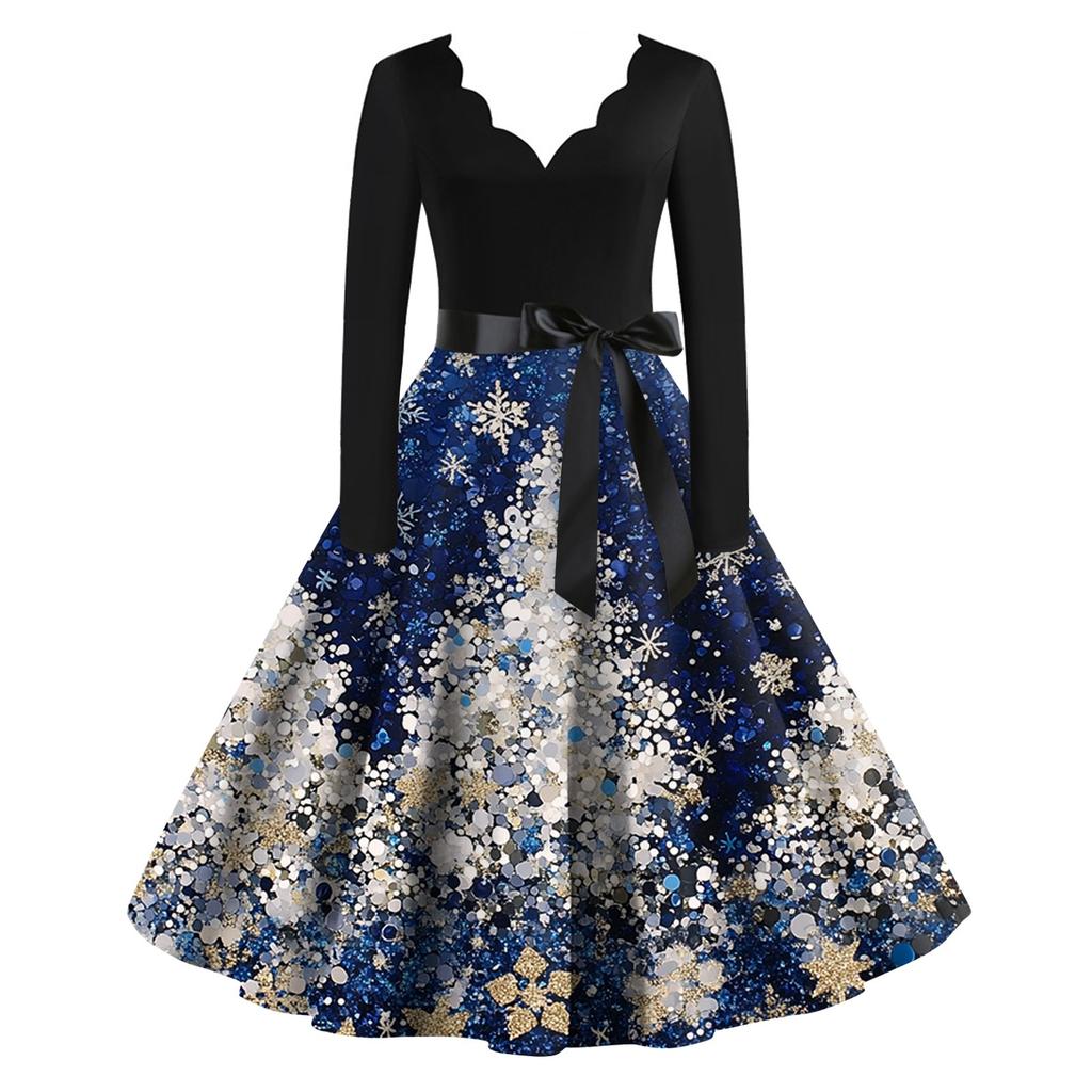 Women's Christmas Printed V-neck Large Hem Dress Long Sleeve Dress
