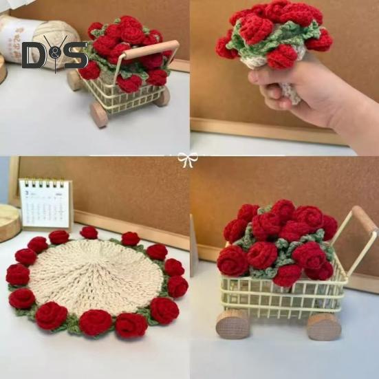 Набор для вязания крючком подставки под стакан с дизайном букета роз, материал из пряжи, устойчивой к усадке, трансформируемая подставка под стакан в виде цветка, подарок ручной работы на день рождения