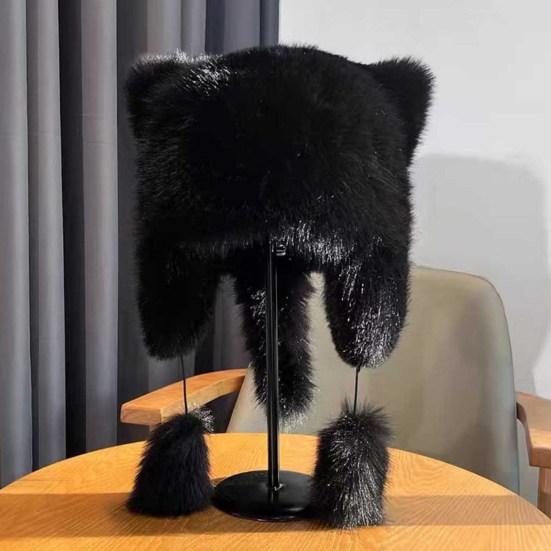 Женская зимняя шапка с толстым искусственным мехом, украшением в виде ушей и хвоста в виде мультяшного енота, однотонная, ветрозащитная шапка Lei Feng для катания на лыжах, сноуборде, пешего туризма