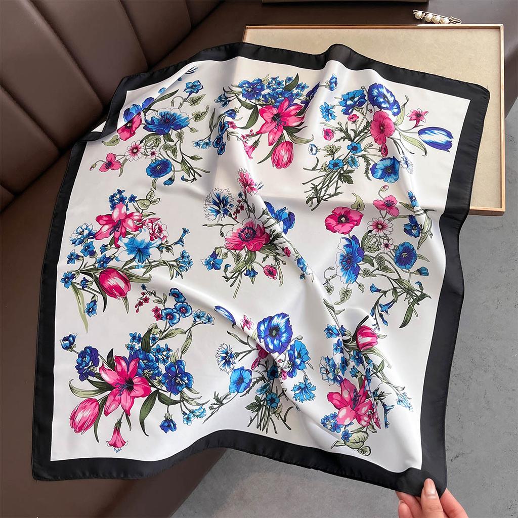 Korean Floral Print Silk Square Scarfs 70cm Women Summer Headscarf Female Neckerchief Decorate Neck Ties Lady Hijab Neck Scarf