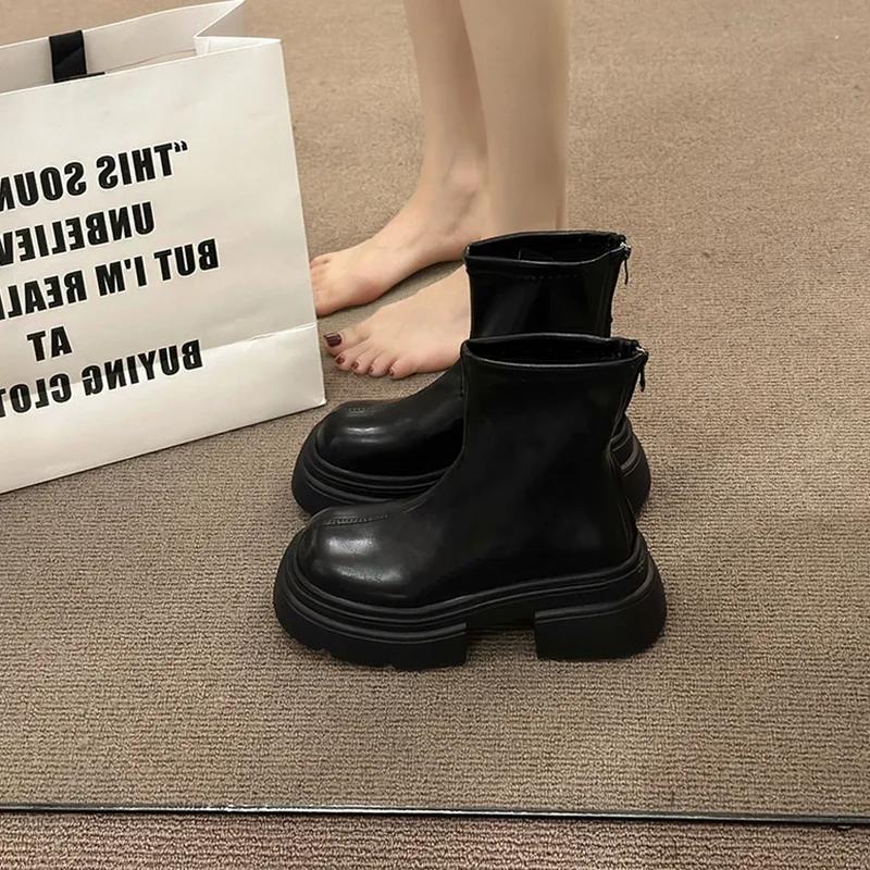 Модные осенние женские толстые ботильоны с тонкими ботильонами, модные короткие ботинки на платформе с застежкой-молнией сзади, уличные женские туфли
