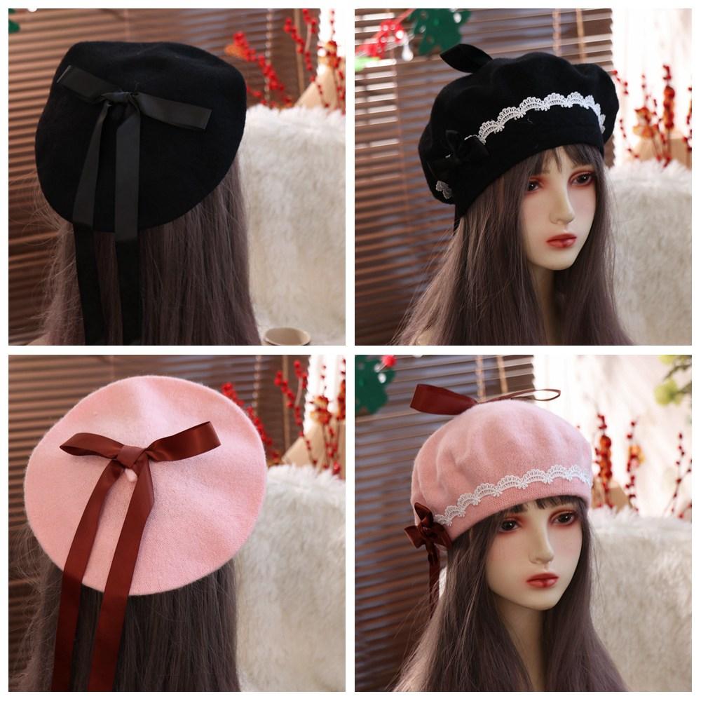 Warm Girl Lace Bow Hat Sweet Beanie Cap Y2k Painter Hat Cosplay