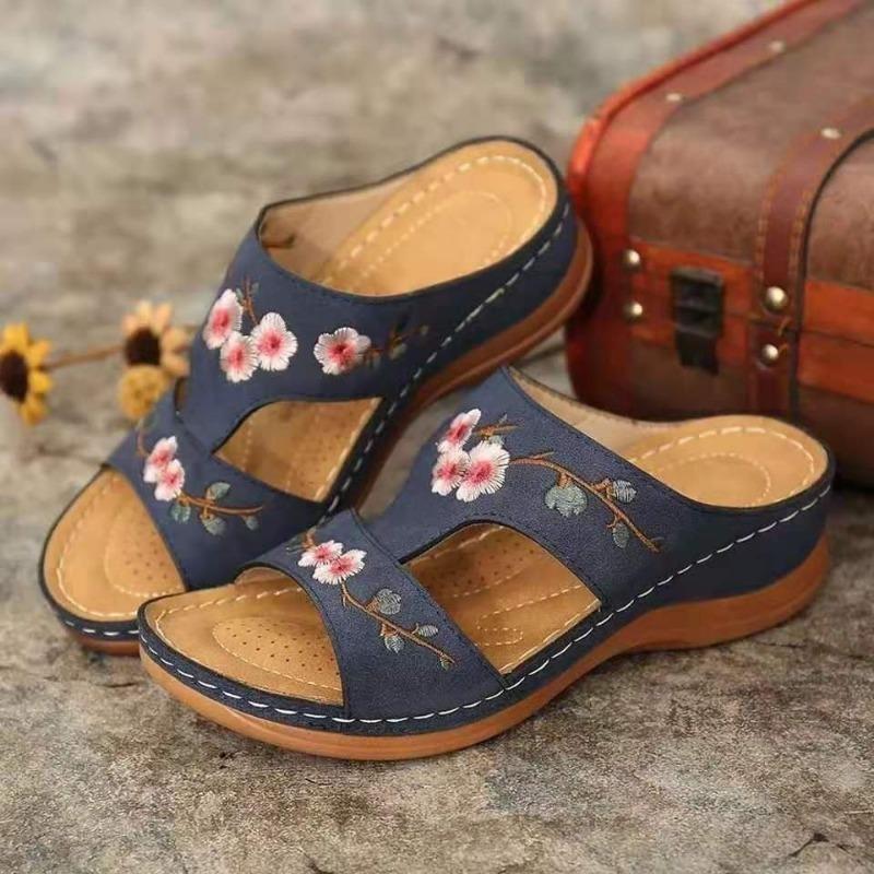 Cross-border Summer New Women's Shoes Hollow Flower Embroidered Sandals Wedge Heel Large Size Women's Slippers Women