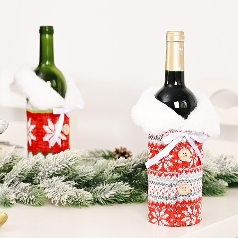 Christmas Wine Bottle Cover Knitted Red Sweater Button Snowflake Christmas Bottle Bag Xmas New Year Gift Kitchen Table Ornaments