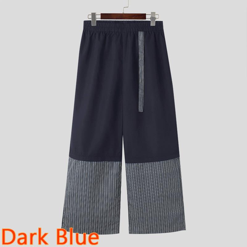 INCERUN Men Spring Elastic Waist Striped Patchwork Trousers Casual Wide Leg Pants