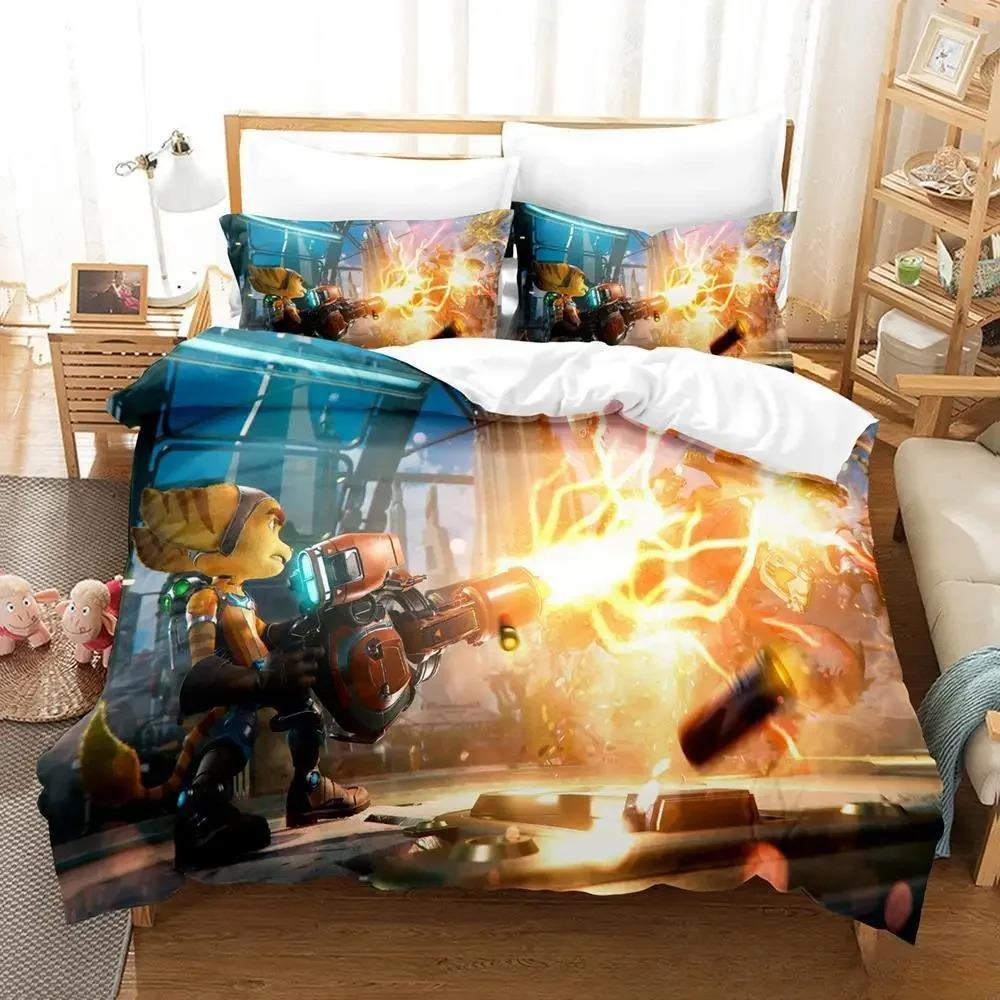 Аниме Ratchet Clank Rift Apart 3D Комплект постельного белья Кавайный Мультяшный Пододеяльник Взрослый Детская Спальня Трехсекционный Комплект