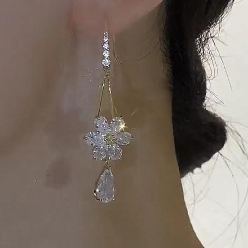 Элегантные серьги-подвески в форме цветка с белым цирконием и каплей золотого цвета для женщин, изысканные ювелирные изделия для девушек с милым темпераментом