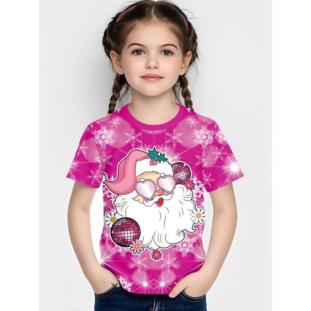 3D printed Christmas T-shirt for girls, Santa Claus short sleeved round neck casual Christmas girl top