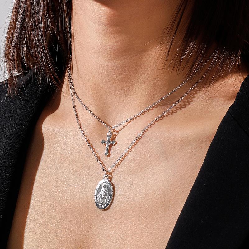 Summer Black Rhinestone Cross Jesus Pendant Choker Necklace for Women Punk Vintage Double Layers Chain Neck Boho Jewelry