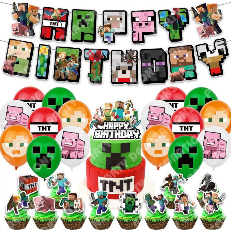 Minecraft Birthday Party Supplies Decorations Kit Banner Cake Toppers Balloons Set for Boys Girls Gaming Themed Party
