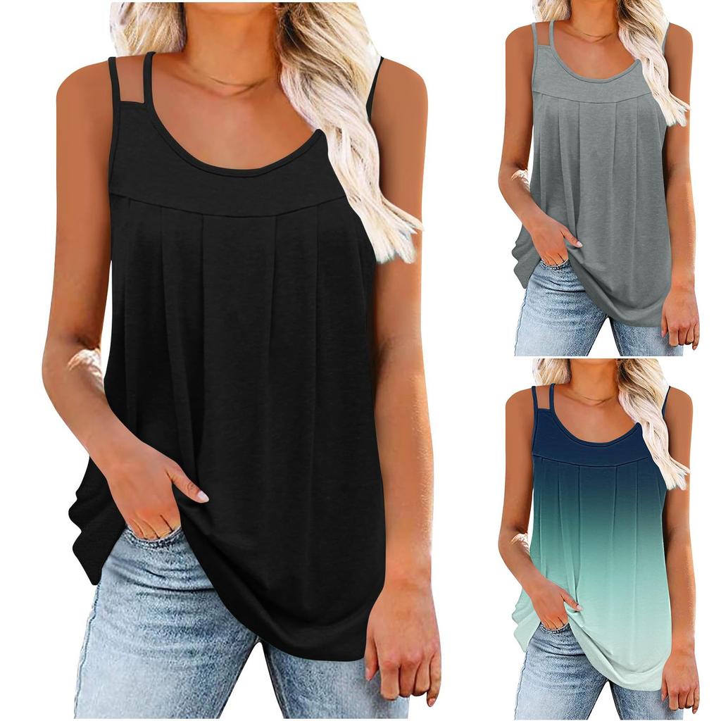 Tank Tops for Women Summer Pleated Loose Shirt Double Strap Scoop Neck Sleeveless
