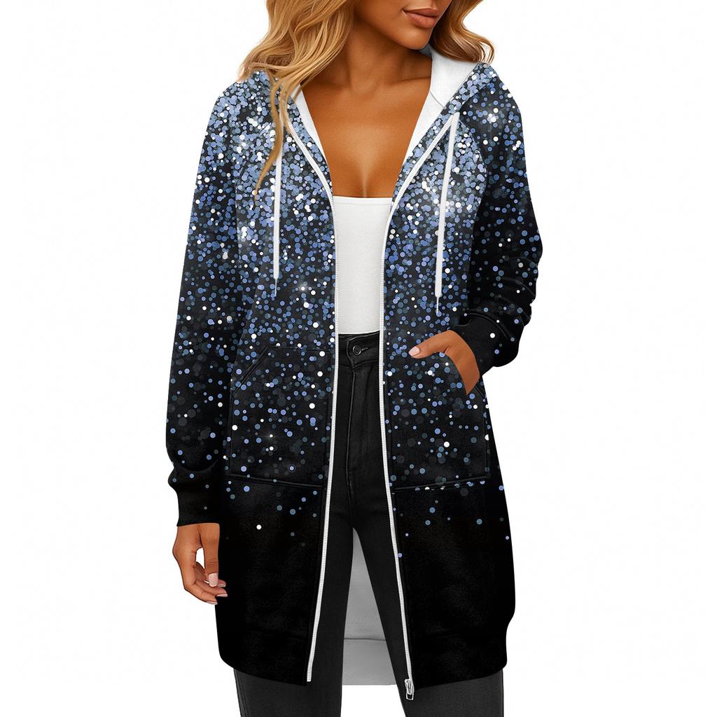 Women's Fashionable Printed Long Sleeved Drawstring Hooded Zipper Pocket Long Casual Sweatshirt Jacket