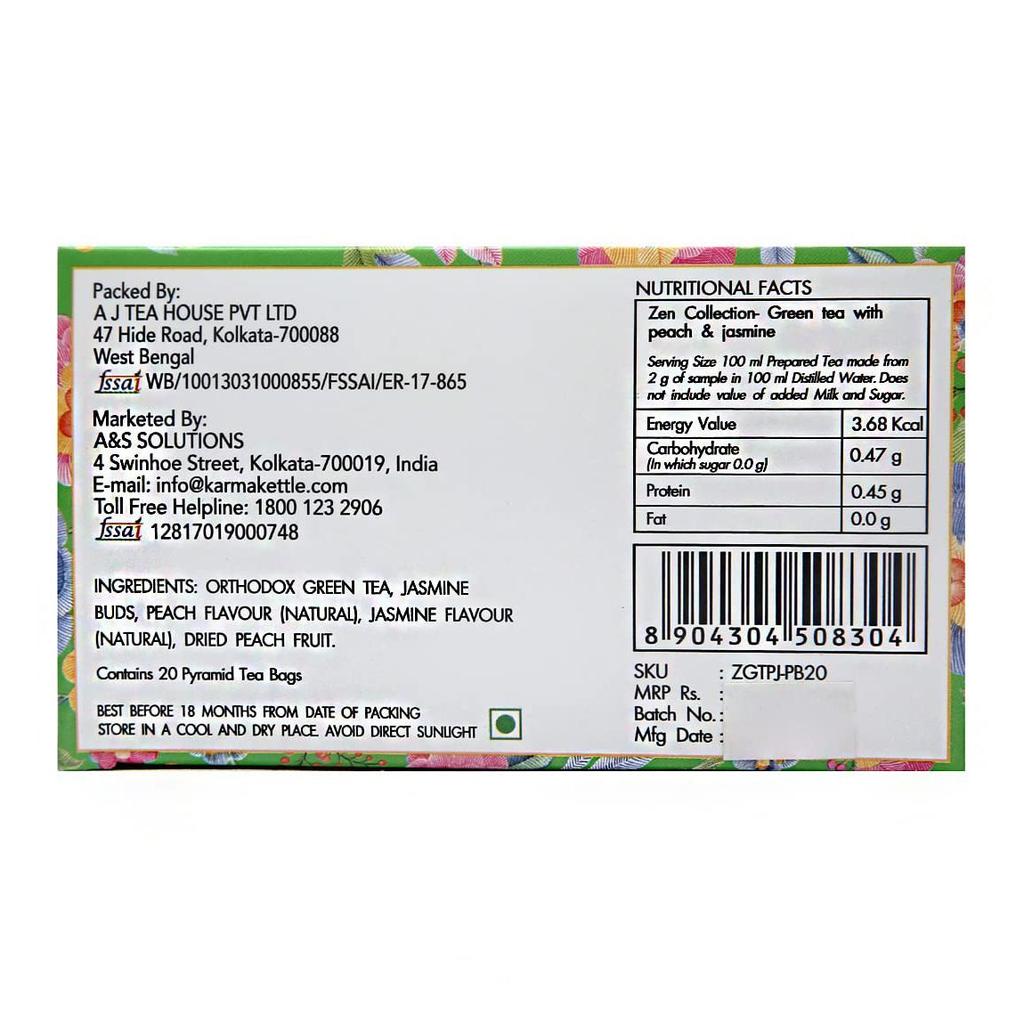 Green Tea with Peach and Jasmine (20 Pack, 2 G), Green Tea with Peach & Jasmine, Karma Kettl