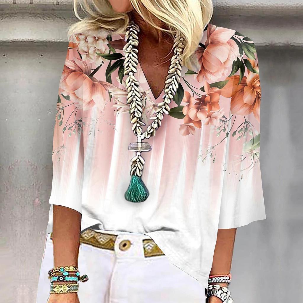 Женская рубашка, блузка, повседневные свободные рубашки, рукава 3/4, топы с v-образным вырезом и принтом, топы с принтом, футболки, футболки