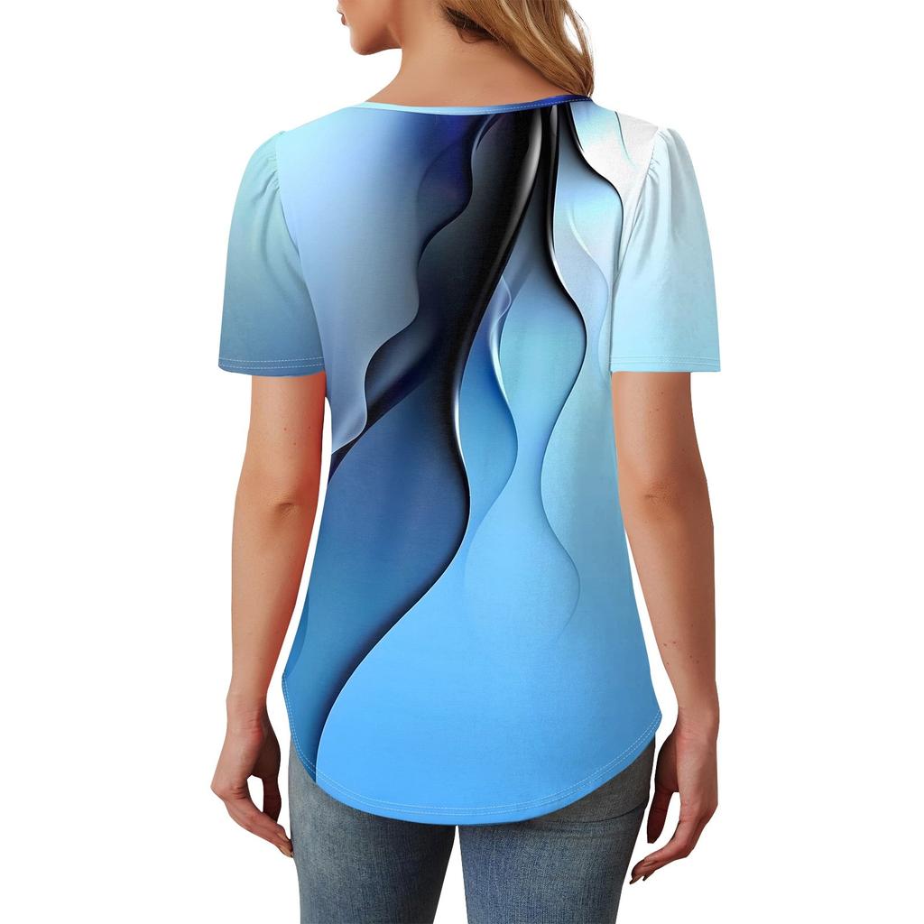 Women's Fashionable Casual Short Sleeve Button Print Round Neck Pullover Top