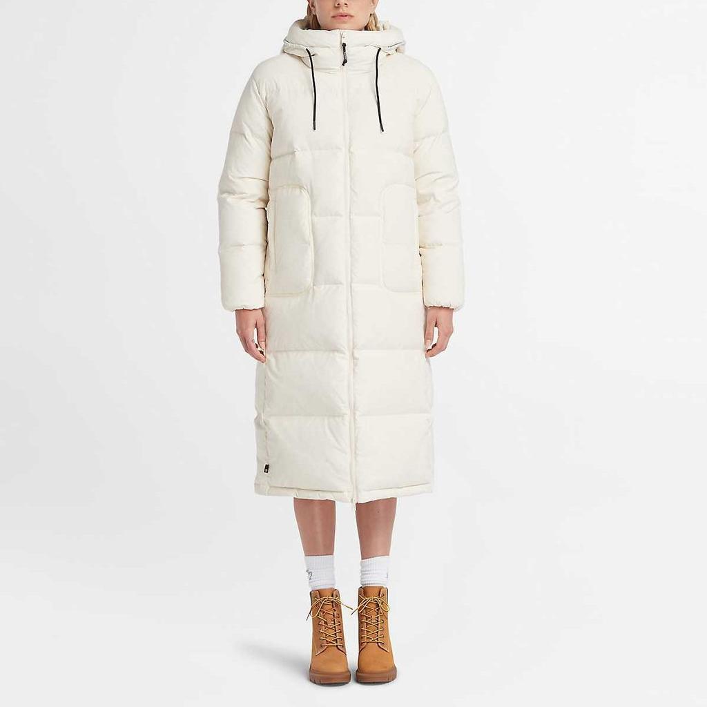 Timberland Длинная стеганая куртка из переработанного пуха, однотонная, с капюшоном, на молнии, с длинным рукавом, женская куртка, белая A6HG9-V04