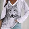 Vibrant Wolf Head Print V-Neck T-Shirt  Soft Micro Elasticity Semi-Sheer Printing Casual Long Sleeve Top for Spring Fall Womens Polyester Clothing