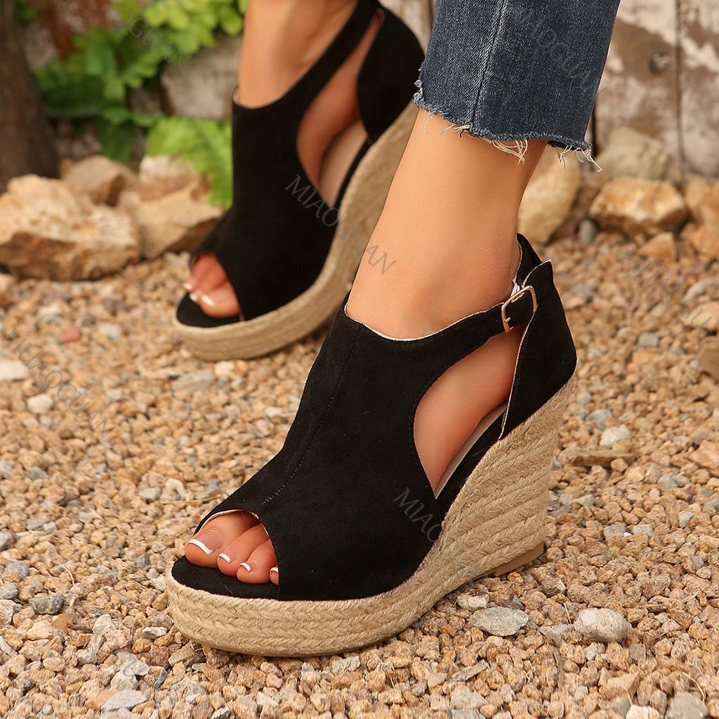 Fashion 2025 Thick Bottom Slope Heel Sandals for Women Large Size Black Fish Mouth Casual Gladiator Height Increasing Sandales Shoes