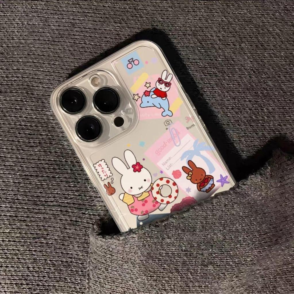 Чехол мультяшный кролик Миффи с черной кожей для Apple iPhone 13 Pro, 14, 15, 16, 17 Pro Max XS - Прозрачный и милый