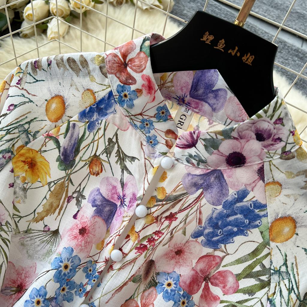 Spring Summer Women Retro Print Single Breasted Long Maxi Big Swing Vacation Beach Dresses with Belt