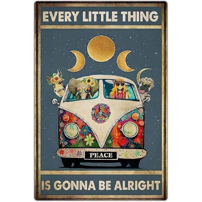 Retro Hippie Decor Wall Art Poster - "Every Little Thing is Gonna Be Alright" Vintage Metal Sign, Perfect for 70s Themed Rooms and Cool Poster