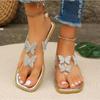 Large Size Flat Slippers Summer New Square Head Transparent Rhinestone Butterfly Sandals Light Slippers
