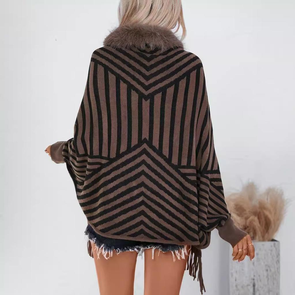 Women's Autumn and Winter Large-size Shawls Fashionable Striped Knitted Wool Collar Cardigan Loose Sweater Cape 5 Colors