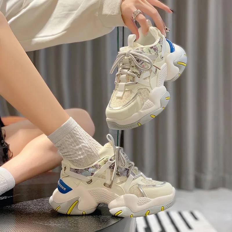 Mesh Breathable Casual Dad Shoes Women's Korean Version Lace Up Wedge Platform Comfortable Sports Shoes Female Running Sneakers