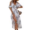 Женское летнее платье с принтом листьев, V-образным вырезом и разрезом на плече
