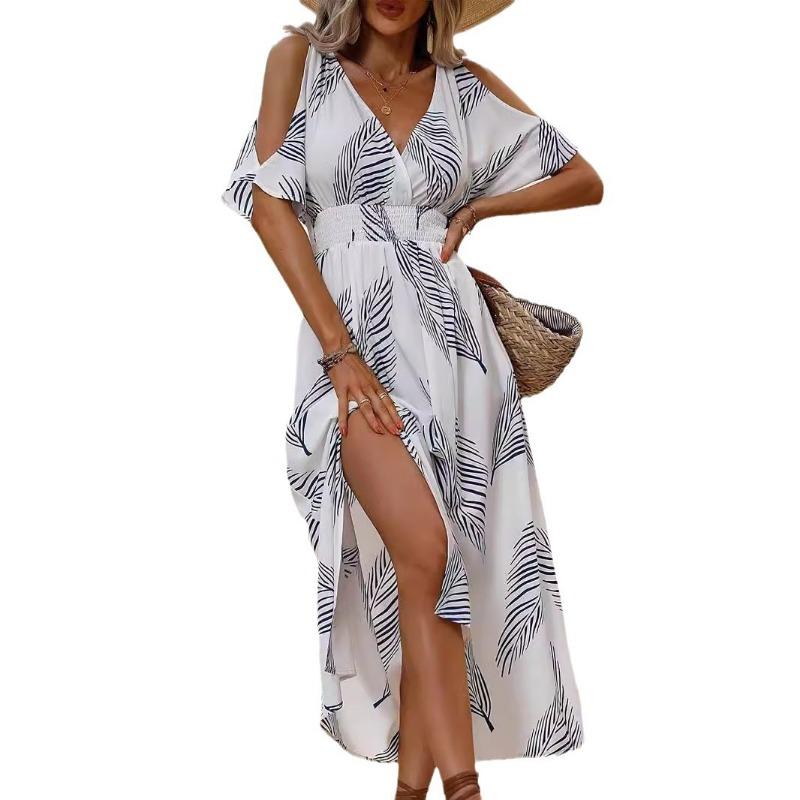 Женское летнее платье с принтом листьев, V-образным вырезом и разрезом на плече