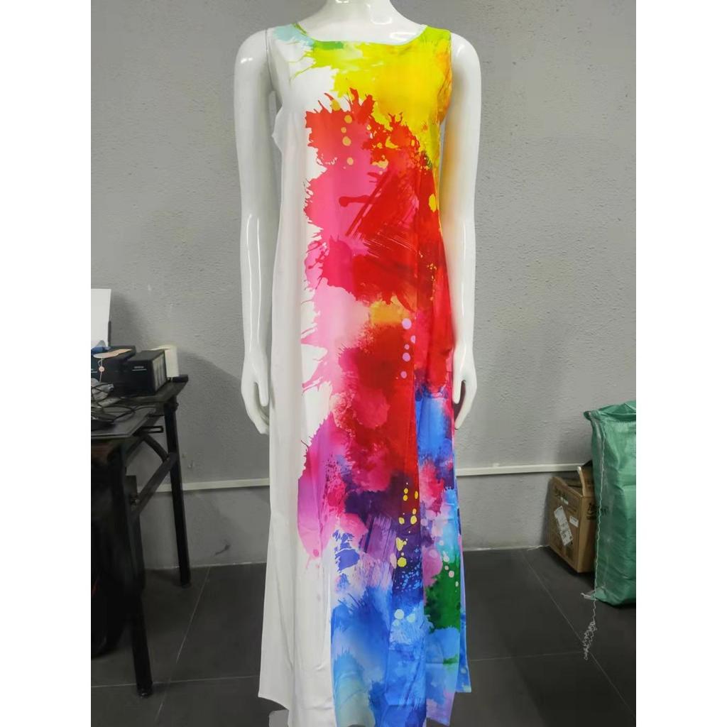 GMXIA Summer Positioning Flower Round Neck Sleeveless Loose Print Dress Long Skirt Women
