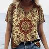 New Women T-shirt Ethnic Pattern Print Oversized Women's Trending Clothing Fashion Short Sleeve Shirt Women V-Neck Blouse 2024