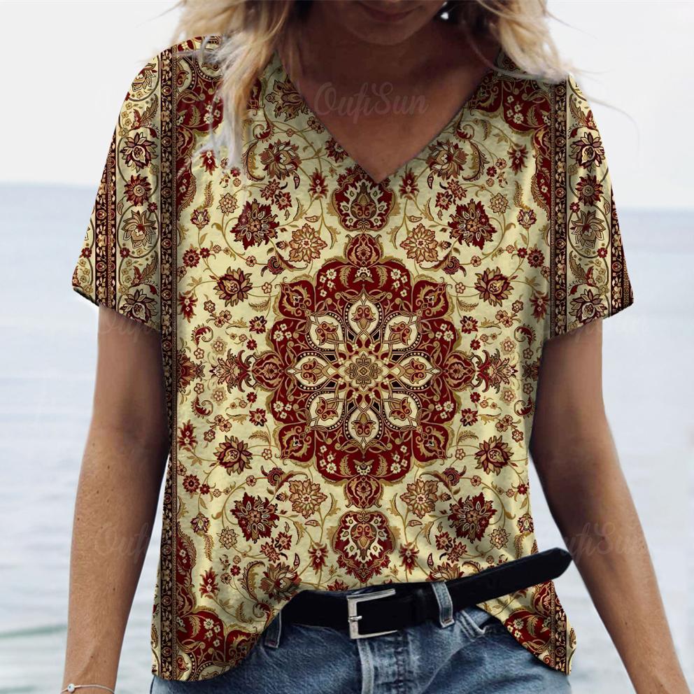 New Women T-shirt Ethnic Pattern Print Oversized Women's Trending Clothing Fashion Short Sleeve Shirt Women V-Neck Blouse 2024