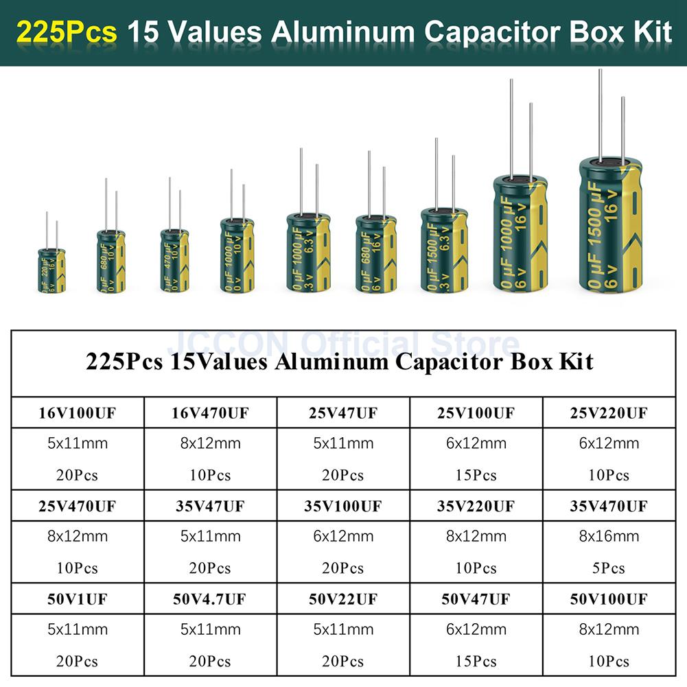 15/24/36 Values 225Pcs Aluminum Electrolytic Capacitor Kit High Frequency Low ESR Electrolytic Capacitor Assortment Kit