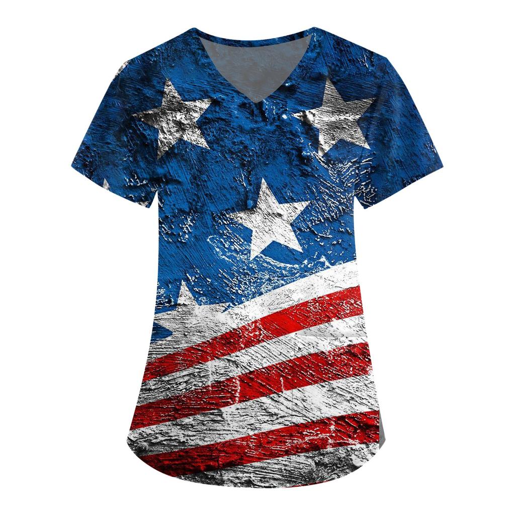 Women's Short Sleeve V-Neck Independence Day Printed Pocket Carer Top