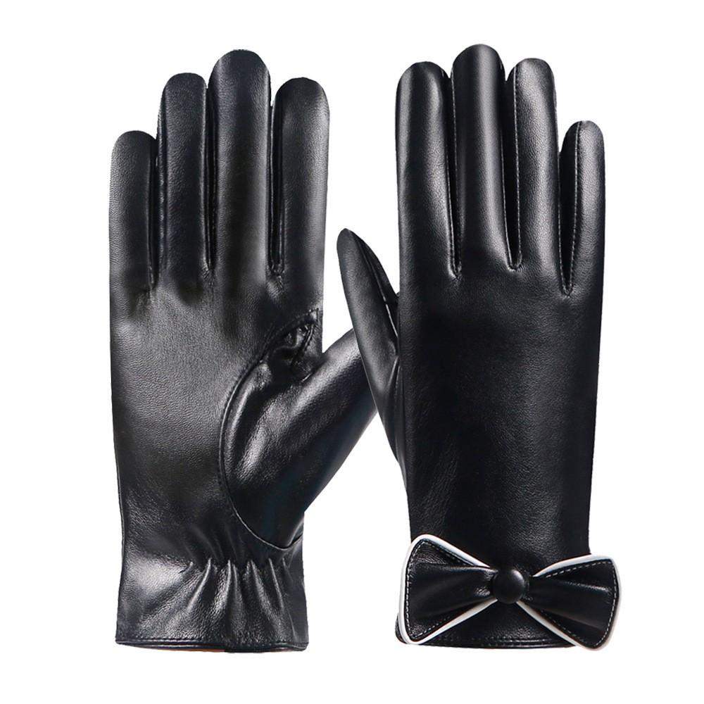 Autumn and Winter Warm Gloves for Women PU Leather Bow Plus Velvet Thickened Cold and Windproof Outdoor Driving Touch Screen