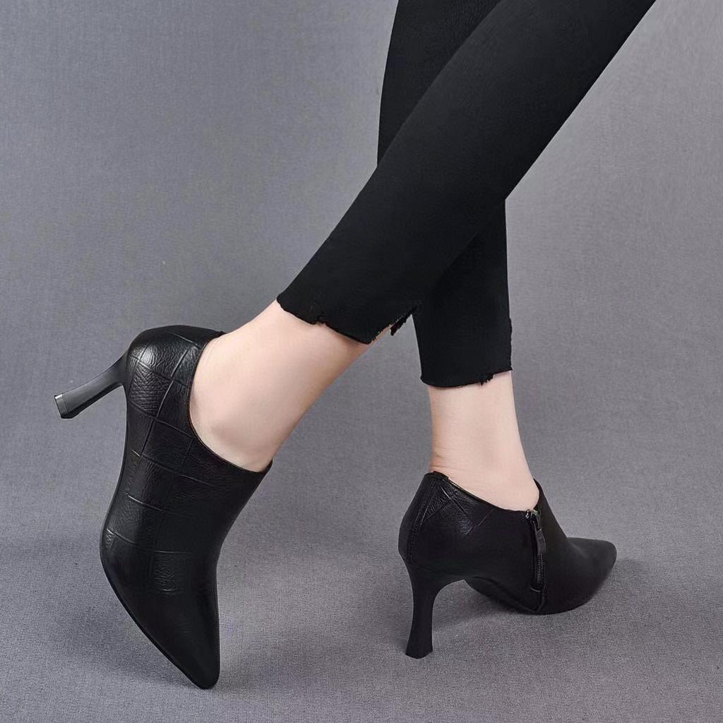 Temperament High Heels Autumn New Fashion Pointed Ankle Shoes First Layer Cowhide Side Zipper Women's Single Shoes