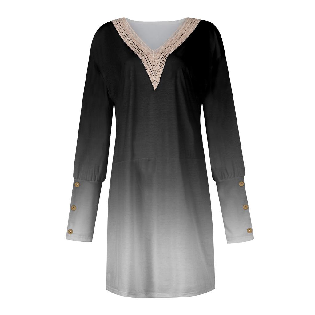 Женское модное повседневное платье на пуговицах с длинным рукавом и v-образным вырезом с градиентным принтом