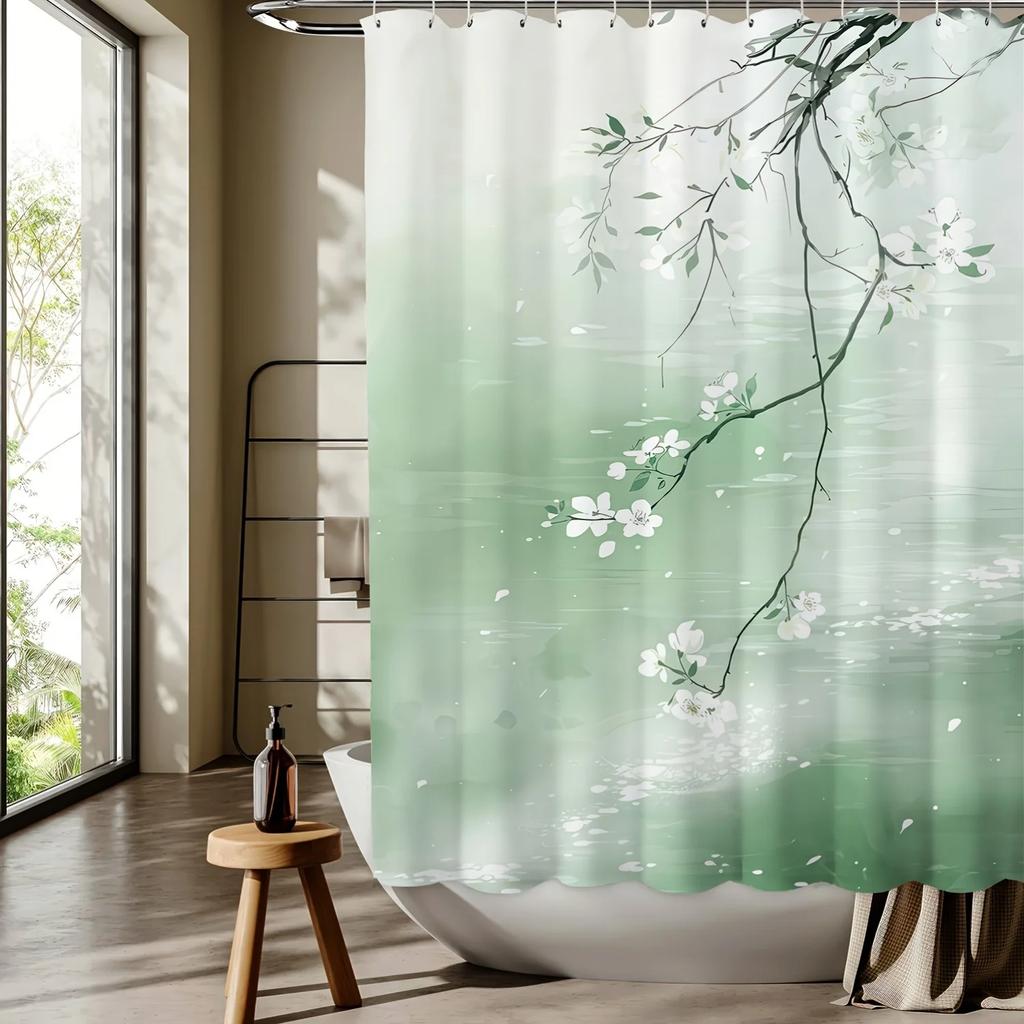 1pc Floral Tree Pattern Digital Print Shower Curtain Bathroom Decor Home Decoration with Hook Machine Washable Polyester Fabric