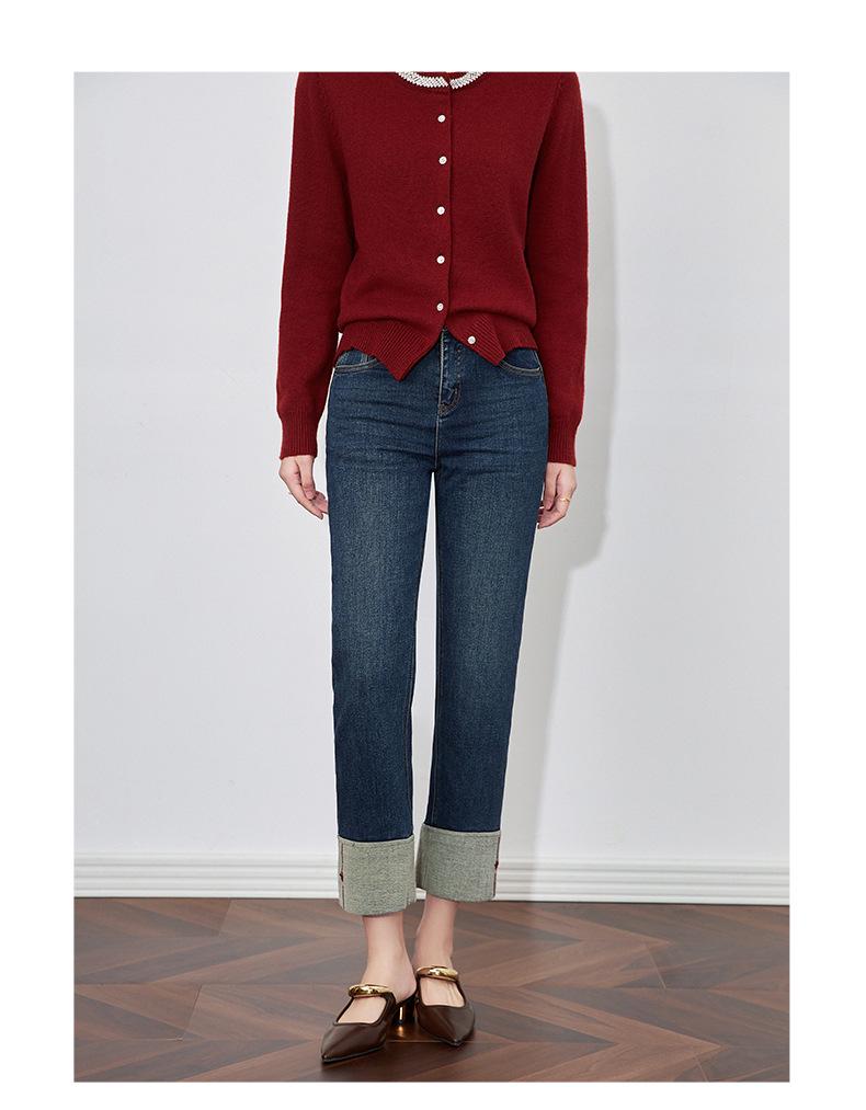 Узкие прямые джинсы Nanyou с вышитыми бархатными манжетами - женский зимний стиль