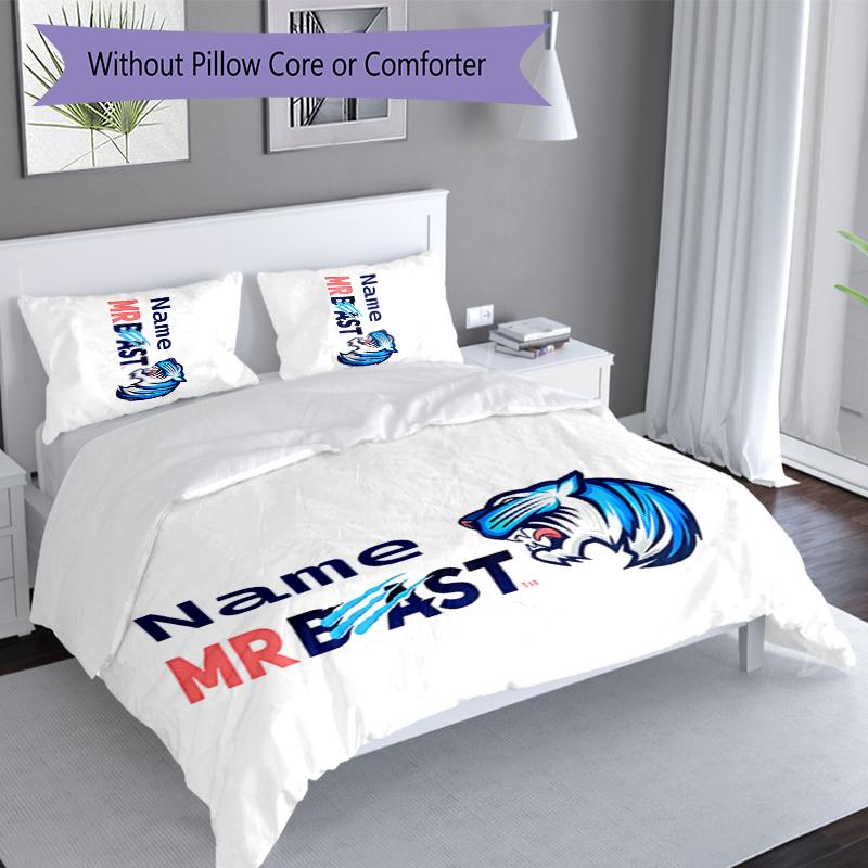 3pcs Custom Name MrBeast logo Set,Includes 1 Duvet Cover and 2 Pillowcases,All-season Bedroom Decor
