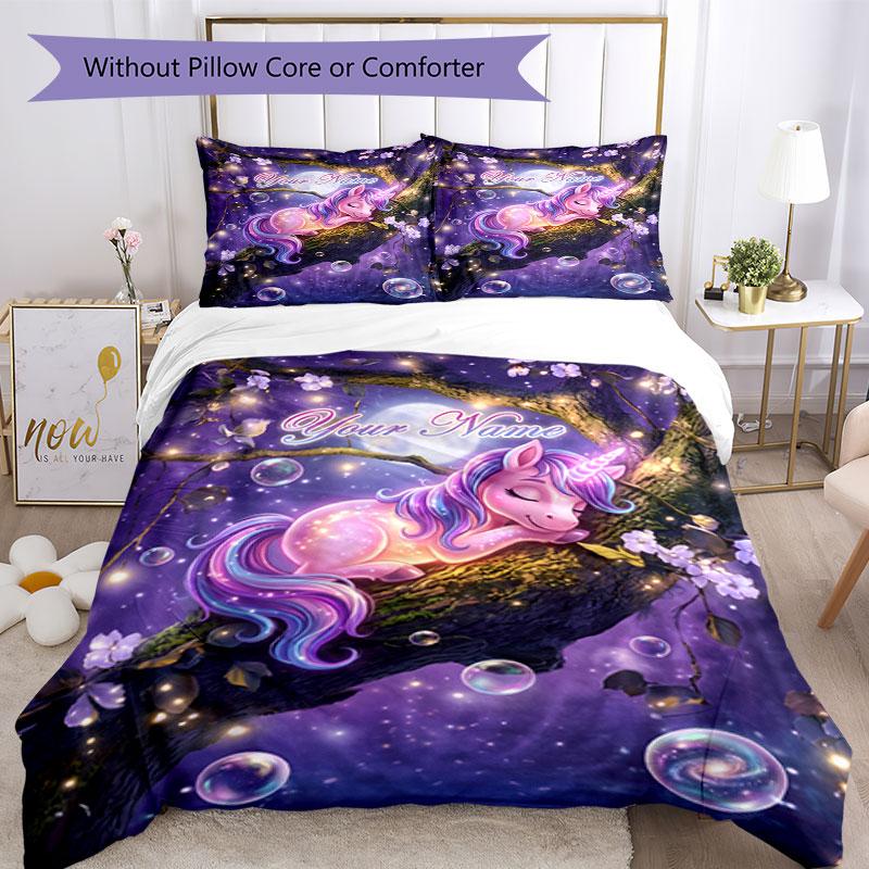 3PC Custom Name Magical Unicorn Dreamscape Bedding Set Duvet Cover Closure Includes 1 Duvet Cover & 2 Pillowcases for Bedroom