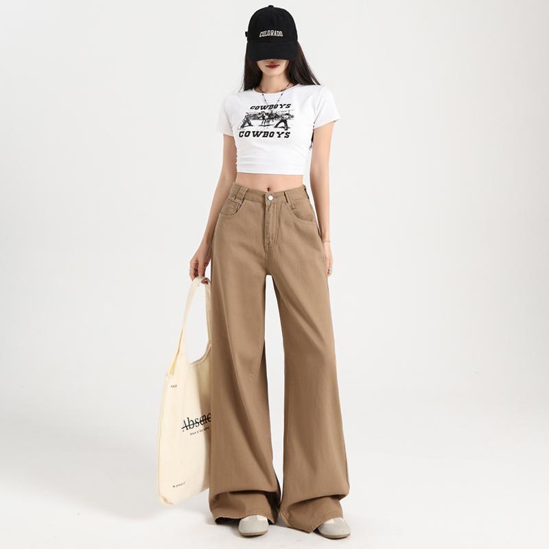 Хаки Широкие Джинсы Женские Повседневные Универсальные Прямые Однотонные Классические Прямые Джинсы Поставщики Женской Одежды