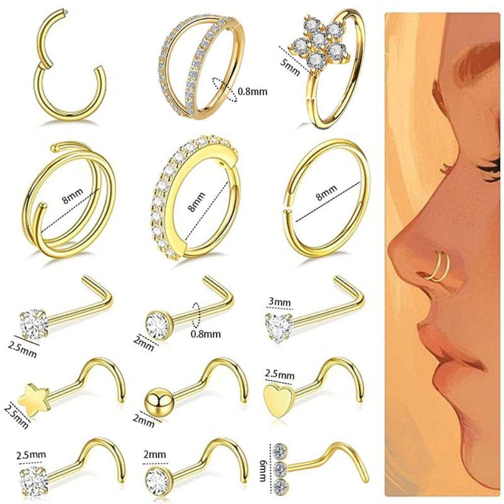 15Pcs L Ring Hoop Double Nose Rings Mixed Body Clips Hoop for Women Men