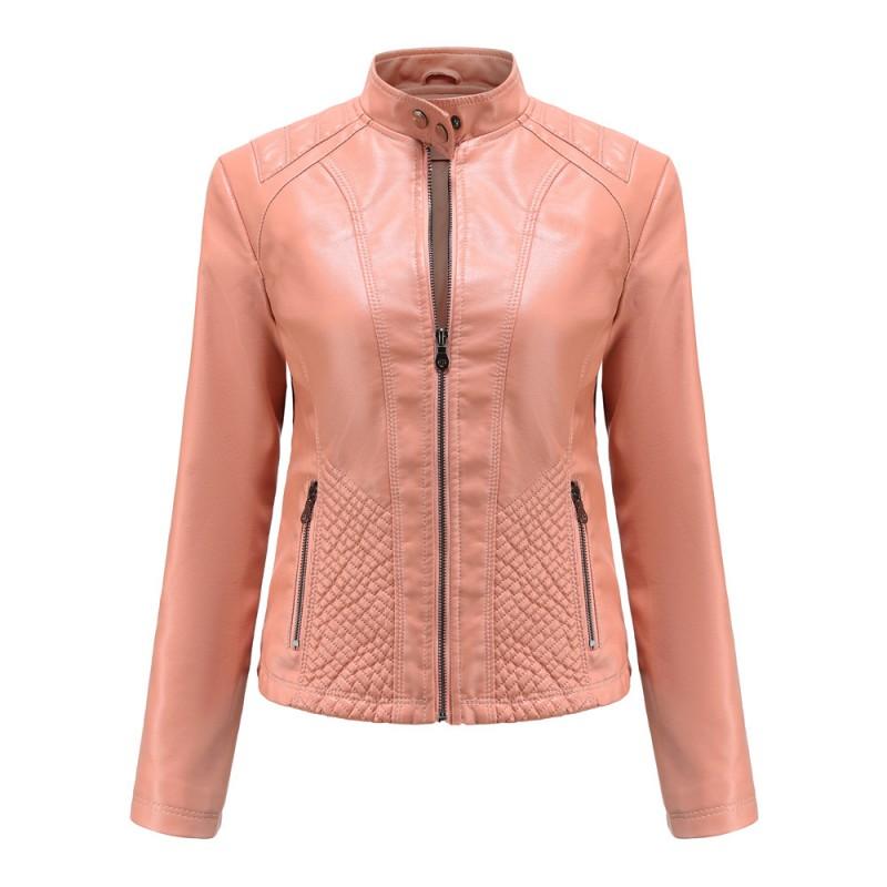 Womens Slim Fit Faux Leather Biker Jacket Short Length Long Sleeve Stand Collar Casual Outerwear In Black Camel Burgundy Coffee