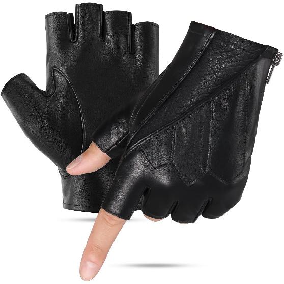 FIORETTO Mens Fingerless Leather Driving Gloves – Genuine Sheepskin Half Finger Motorcycle Gloves, Unlined 16515