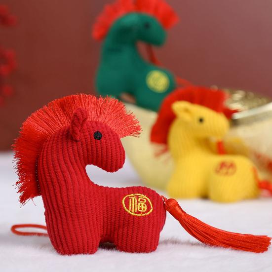 Plush Horse Toy Hanging Decoration Stuffed Lucky Pony Plushie with Red Tassels Year of Horse Mascot Doll Bag Charm New Year Holiday Gift
