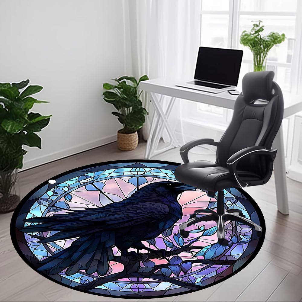 1PC Raven Artwork Office Round Rug, Non slip, Soft and Durable Office Rug for Interior Decoration, Perfect for Office