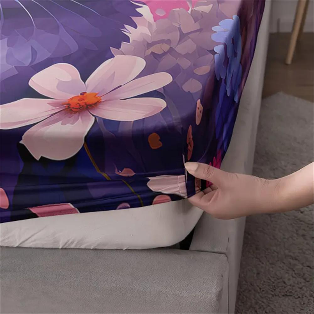 3 шт. 100% полиэстер Милый мультяшный принт кошки Комплект простыней на резинке Украшение для спальни, Фиолетовый цветочный узор «Звездное небо» Комплект постельного белья