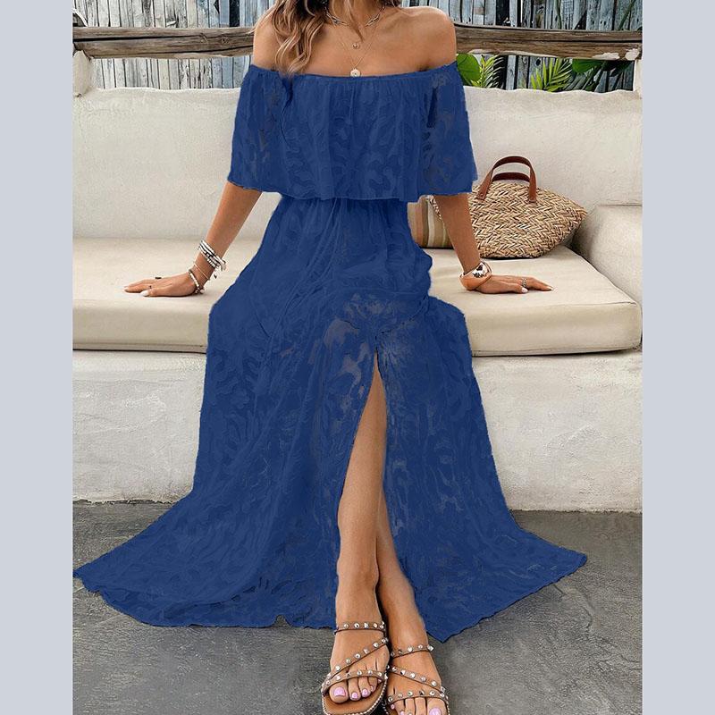 Женское летнее повседневное белое платье с открытыми плечами и вышитым кружевом с высоким разрезом